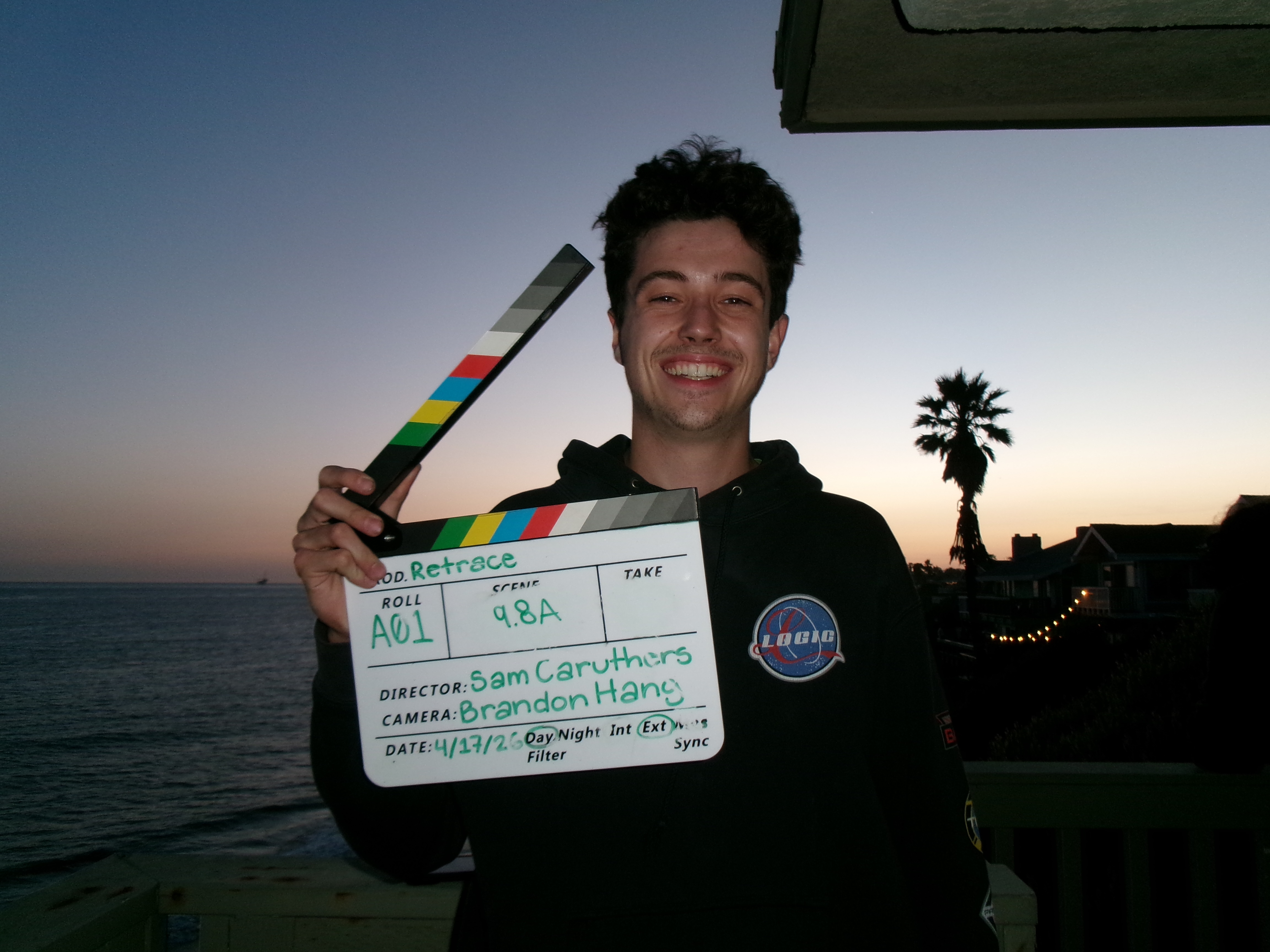Samuel Caruthers with the slate on his most recent film In Case I Miss You